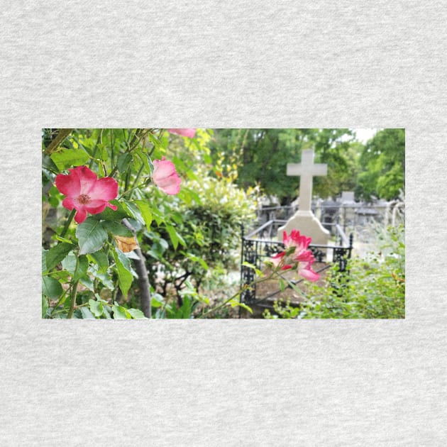 Paris Montmartre Cemetery Cross with Pink Flowers by BlackBeret